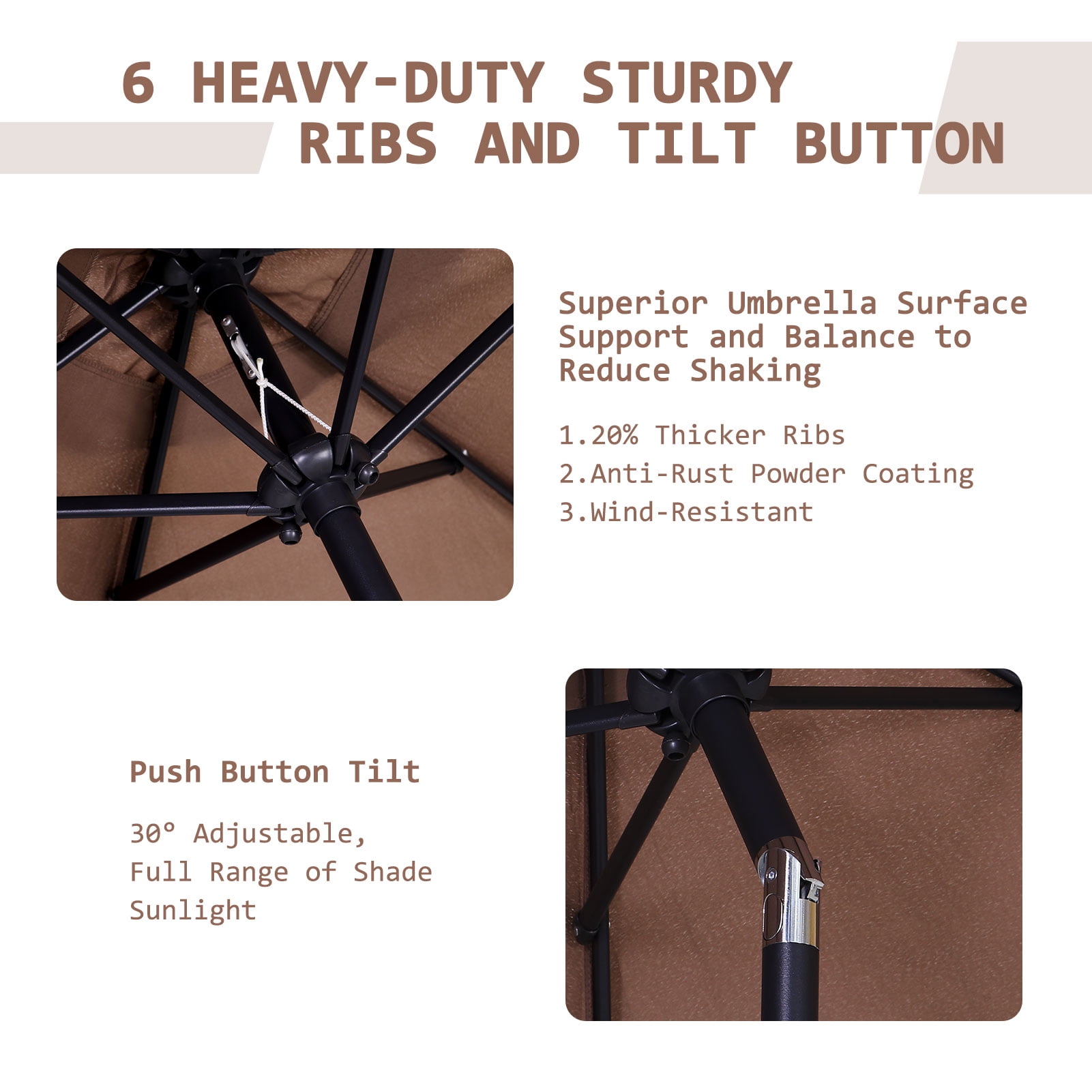 Autlaycil 7.5ft Brown Outdoor Patio Umbrella with Tilt, Crank and Sturdy Ribs for Lawn, Garden, Backyard and Pool