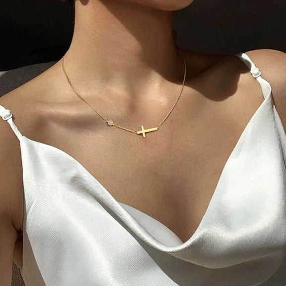 Sideways Cross Dainty Simple Choker 14K Gold Filled Necklace for Men Women, Minimalist Faith Inspirational Statement Fashion Jewelry