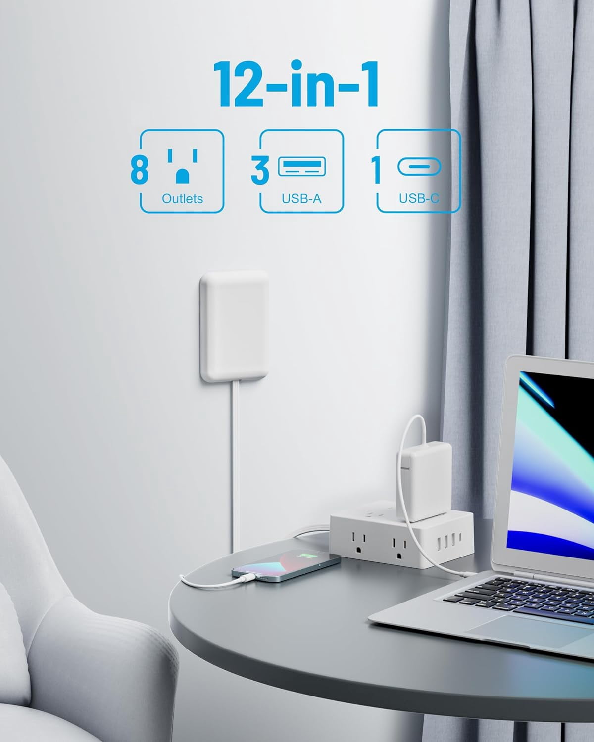 Flat Extension Cord with Outlet Cover,  Flat Plug Power Strip with 8 Outlets and 4  Ports, 2000 Joules Surge Protector, 3 FT Cord  Outlet Extender for Tight Spaces