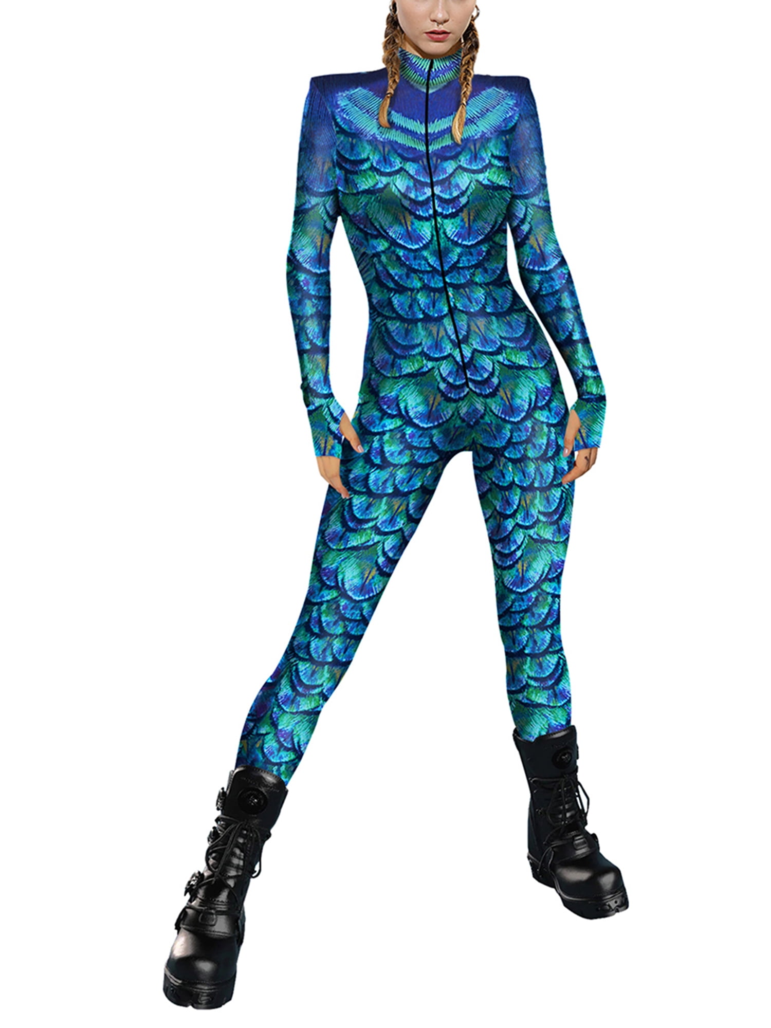 Genuiskids Women Halloween Bodycon Jumpsuit 3D Digital Print Long