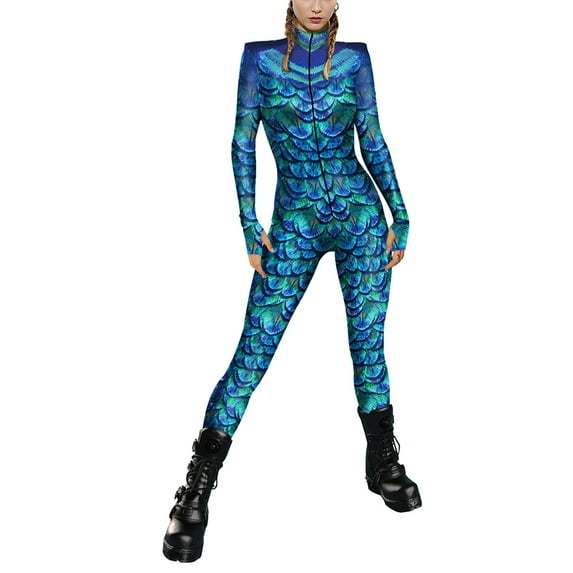 Qmyliery Women Halloween Jumpsuit, 3D Digital Print Long Sleeve Zip-Up Bodysuit, Females Full-Body Catsuit for Cosplay, Party,S/M/L/XL