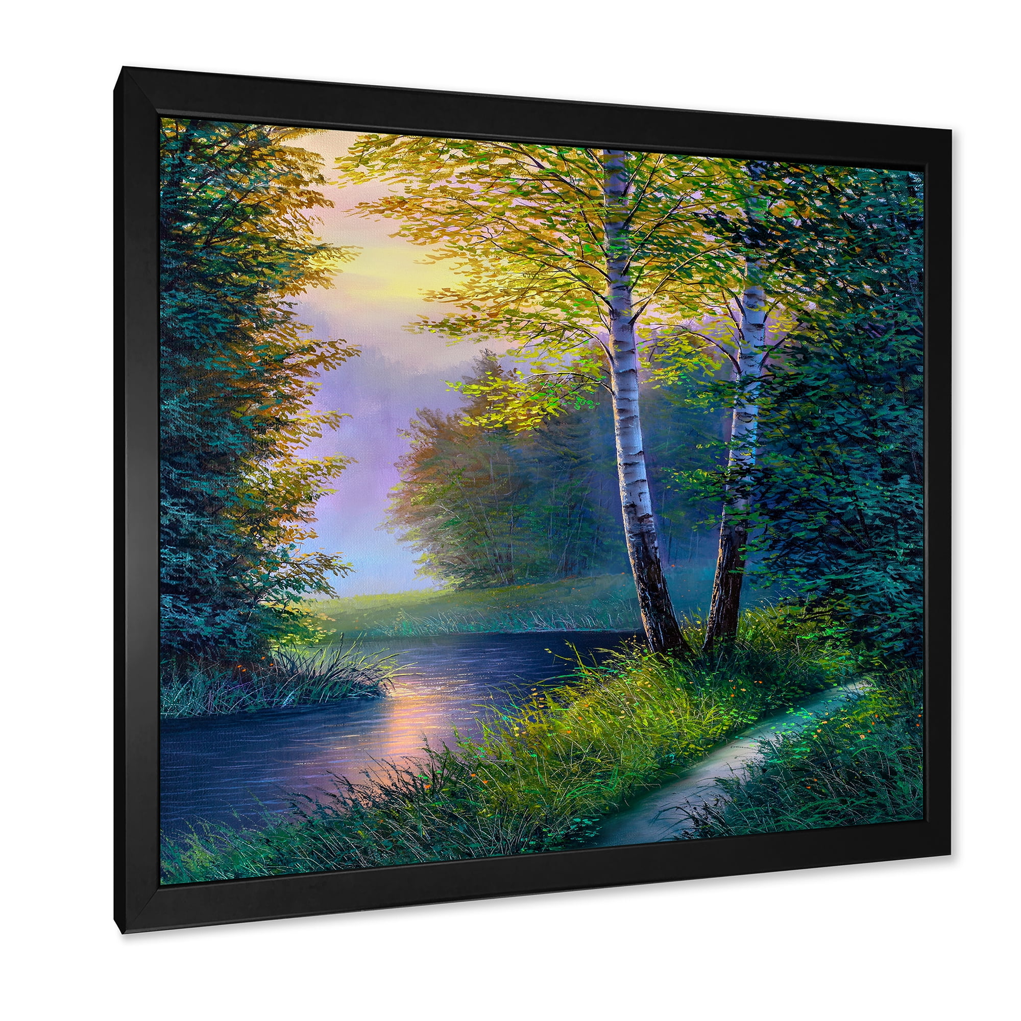 Designart 'Sunrise Glow Through The Birch Forest' Lake House Framed Art Print