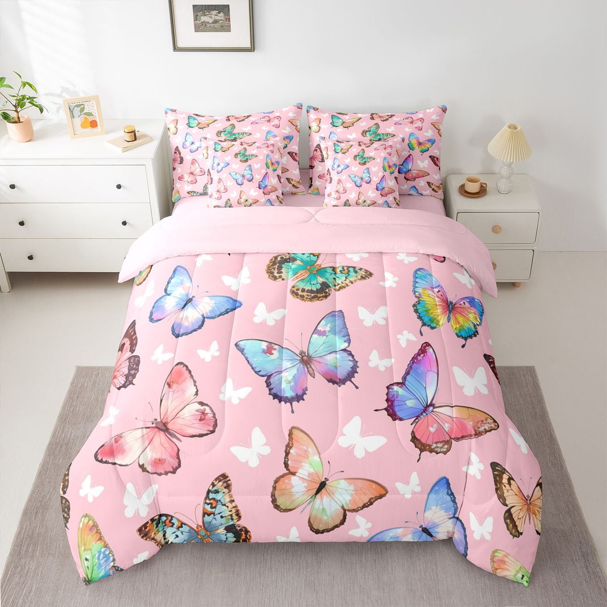 jejeloiu Flying Butterfly 7-Piece Twin Bedding Sets,Cute Multicolor Butterflies Bedding Comforter Set,Colorful Animals Sheet Sets For Girl,Ultra Soft Home Decor Reversible