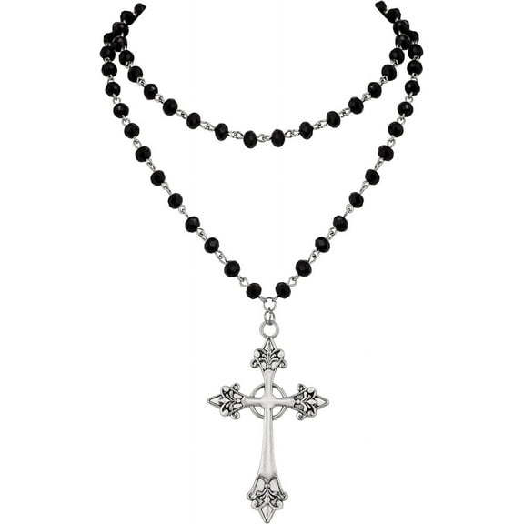 Tilga Goth Layered Cross Necklace, Gothic Emo Grunge Y2k Necklace, Black Bead choker, Goth Jewelry, Christmas Jewelry Gift For Women
