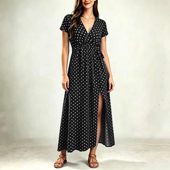 ClodeEU Women's Polka Dot V Neck Short Sleeve Waist Tie High Side Slit Wrap Maxi Dress,Casual Summer Beach Vacation Dress Black,Women's Plus L
