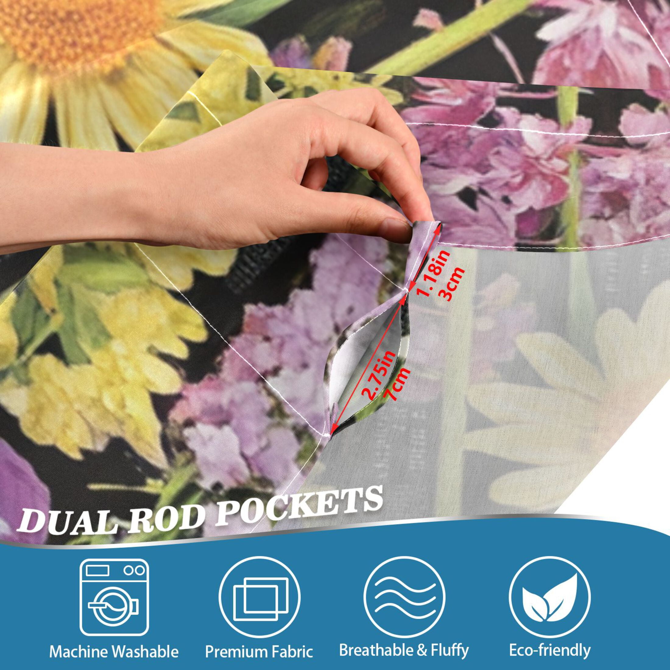 Spring Garden on Black 27"x36" Linen Look Cafe Curtain Set with Privacy and UV Protection