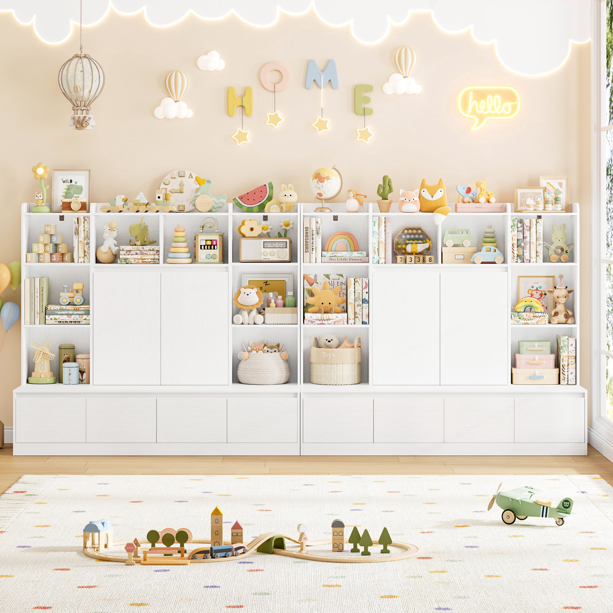 Homfa 10 Cubes Kids Toy Storage Organizer, 4 Drawers Kids Bookcase and Bookshelf with Doors & Adjustable Shelves for Playroom Kids Room, White