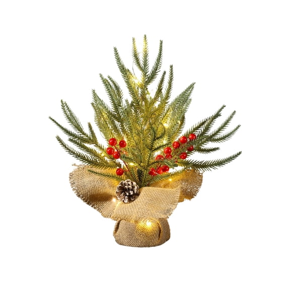 Beautynvta Small Christmas Tree with Lights, 11.8'' Artificial Pine Needles Tree with Red Berry Pinecones, Mini Tabletop Christmas Tree with Burlap Base for Home Office Fireplace Decor