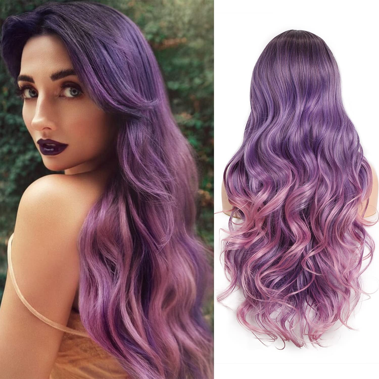 Ombre Purple Wigs Side Part Layered Wig Dark to Light Purple Wigs Synthetic Hair Long Wavy Wigs for Black Women - Walmart.com