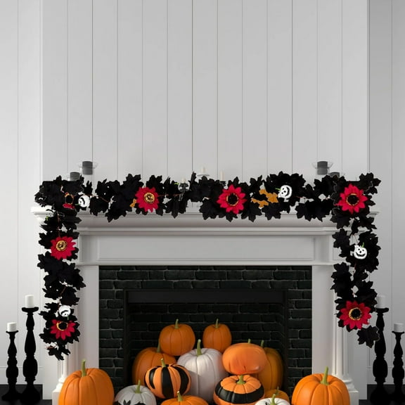 Peacheart 5.6FT Halloween Garland, Black Artificial Maple Leaves Hanging Vine with Pumpkin Sunflower for Fall Autumn Harvest Thanksgiving Halloween Christmas Farmhouse Home Fireplace Mantel Decor