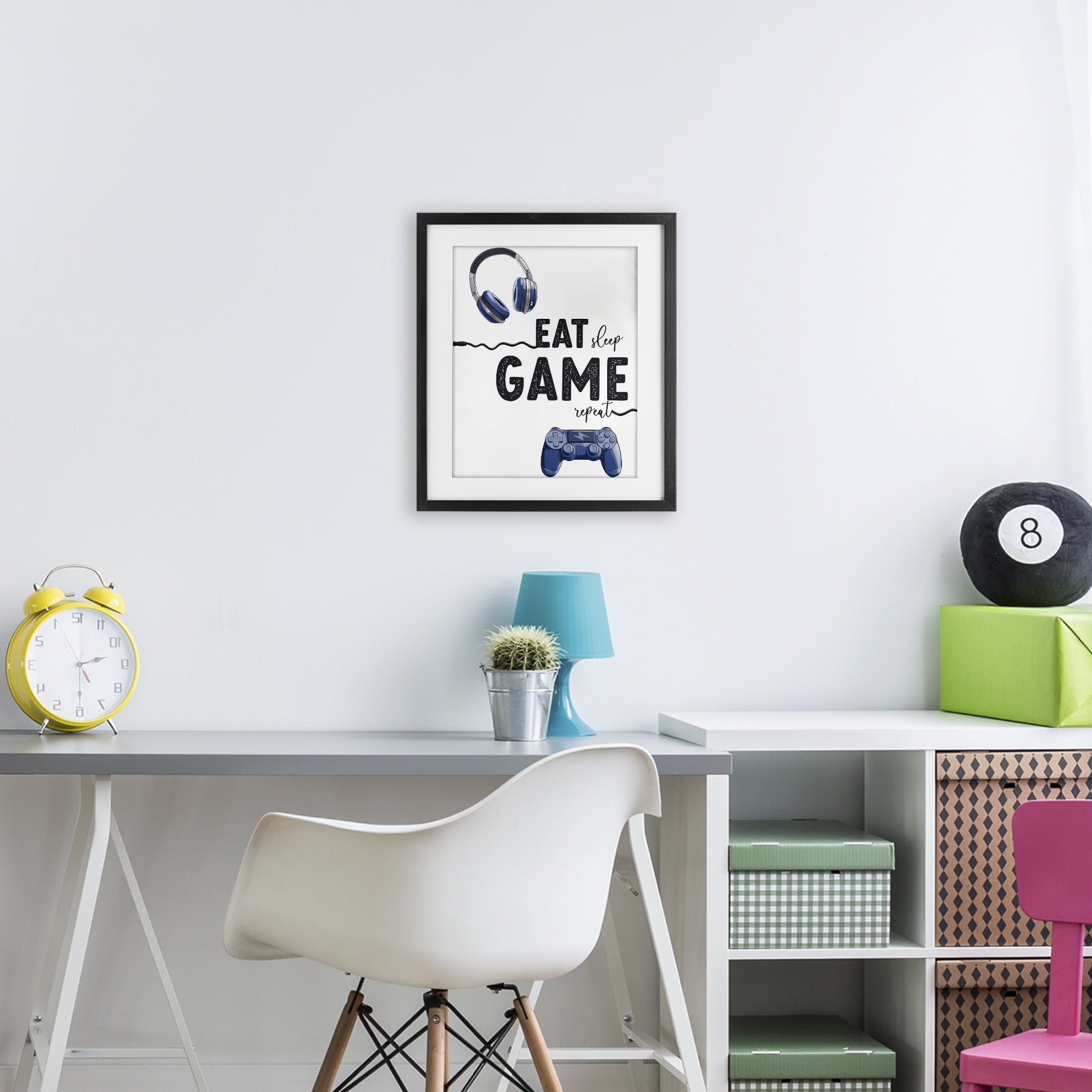 Eat Sleep Game Lifestyle Black Framed Print Under Glass, design by Christine Simpson Art