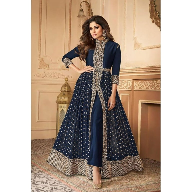 STYLISHFASHION Reception Wear Designer Anarkali Gown Dress Indian Pakistani Salwar Kameez Suits Blue XXS 34 Women s