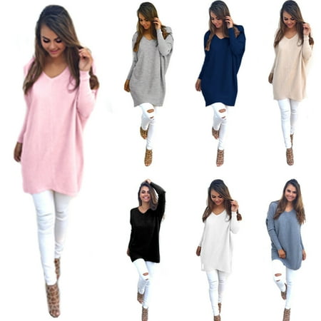 Womens Casual Long Sleeve Knitted V Neck Pullover Loose Sweater