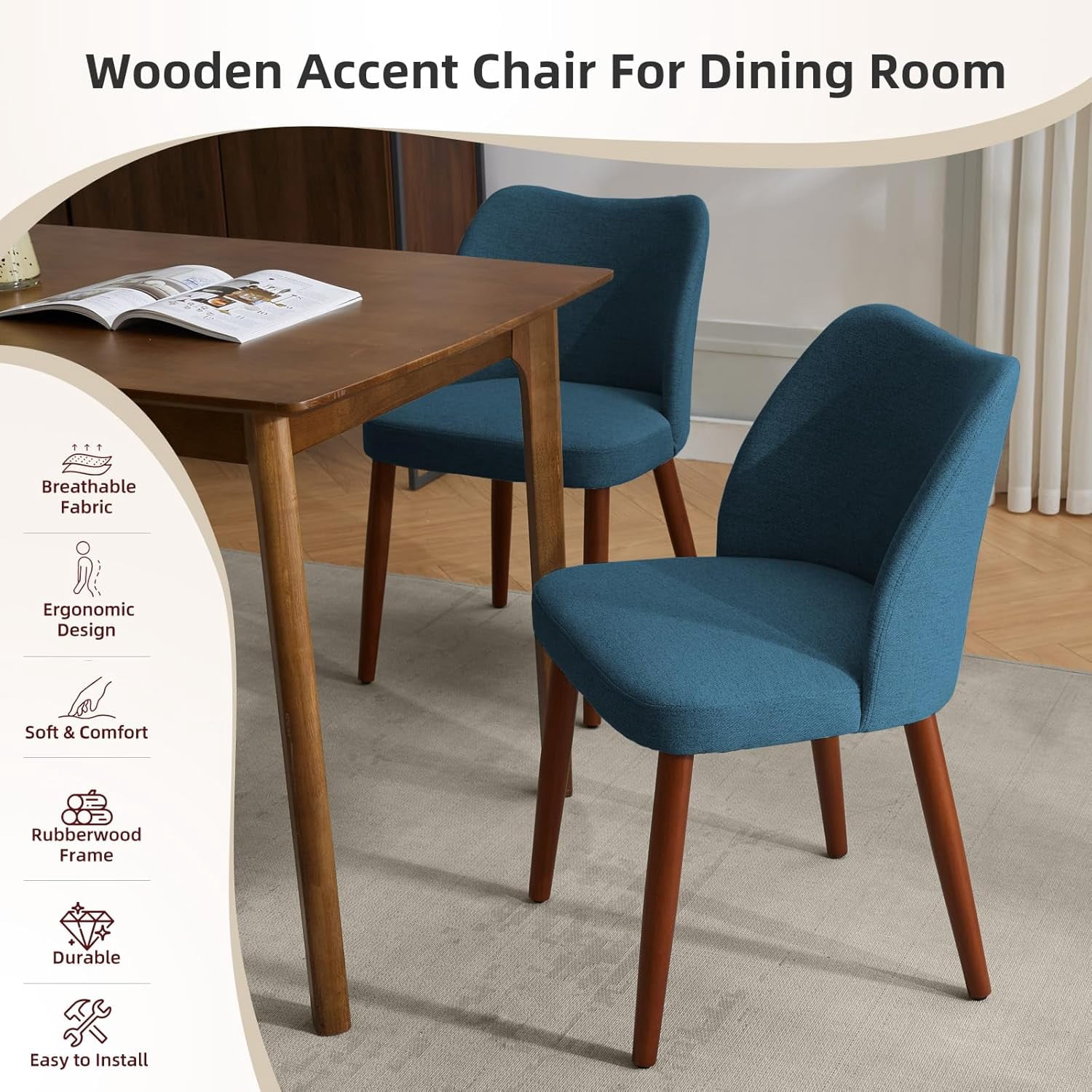 2-pcs Dining Chair,Leather Upholstered Dining Chair with Wood Legs, Wing Backrest, Wooden Kitchen Chair, Kitchen Chairs with Thick Cushions for Dining Room, Living Room
