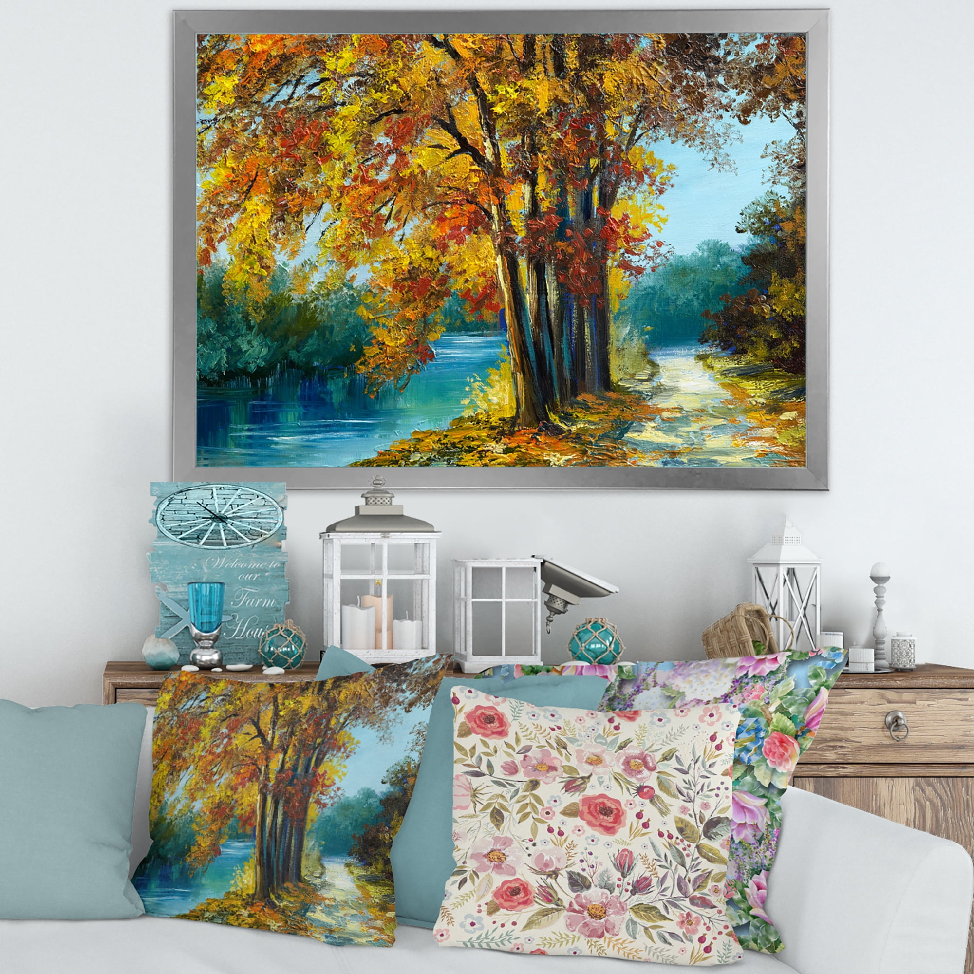Designart 'Abstract Trees In Warm Autumn Colors By Bright Blue River' Traditional Framed Art Print