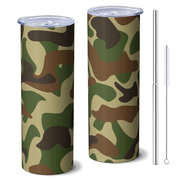 Camouflage 20 Oz Stainless Steel Skinny Tumbler – Vacuum Insulated Slim Travel Cup with Lid & Stainless Steel Straw, 360° Full Wrap Printed Tumbler for Home, Office & Outdoor Use