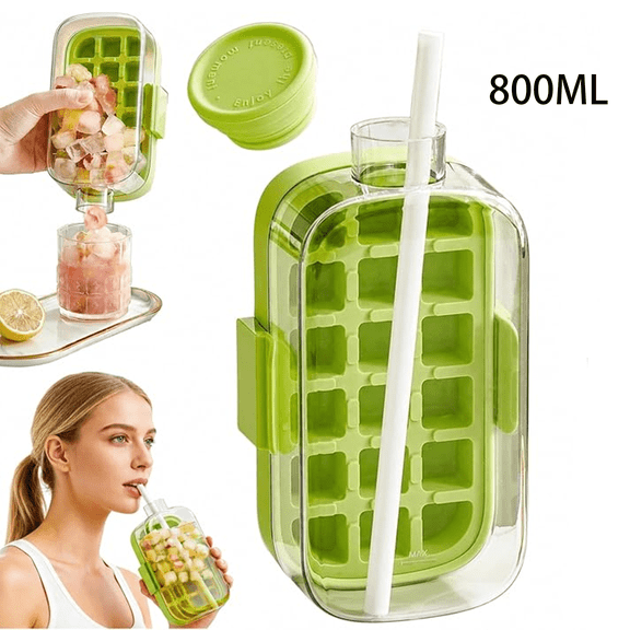2026 New Ice Cube Bottle with Straw, Ice Cube Drink Bottle, Ice Cube Water Bottle for Cold Drinks, Office, Gym, Travel (Green, 500ml)