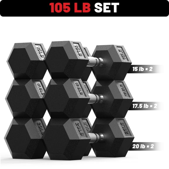 ROALW 105 lb Rubber Hex Dumbbell Set (15-20 lb Pairs), Home Gym