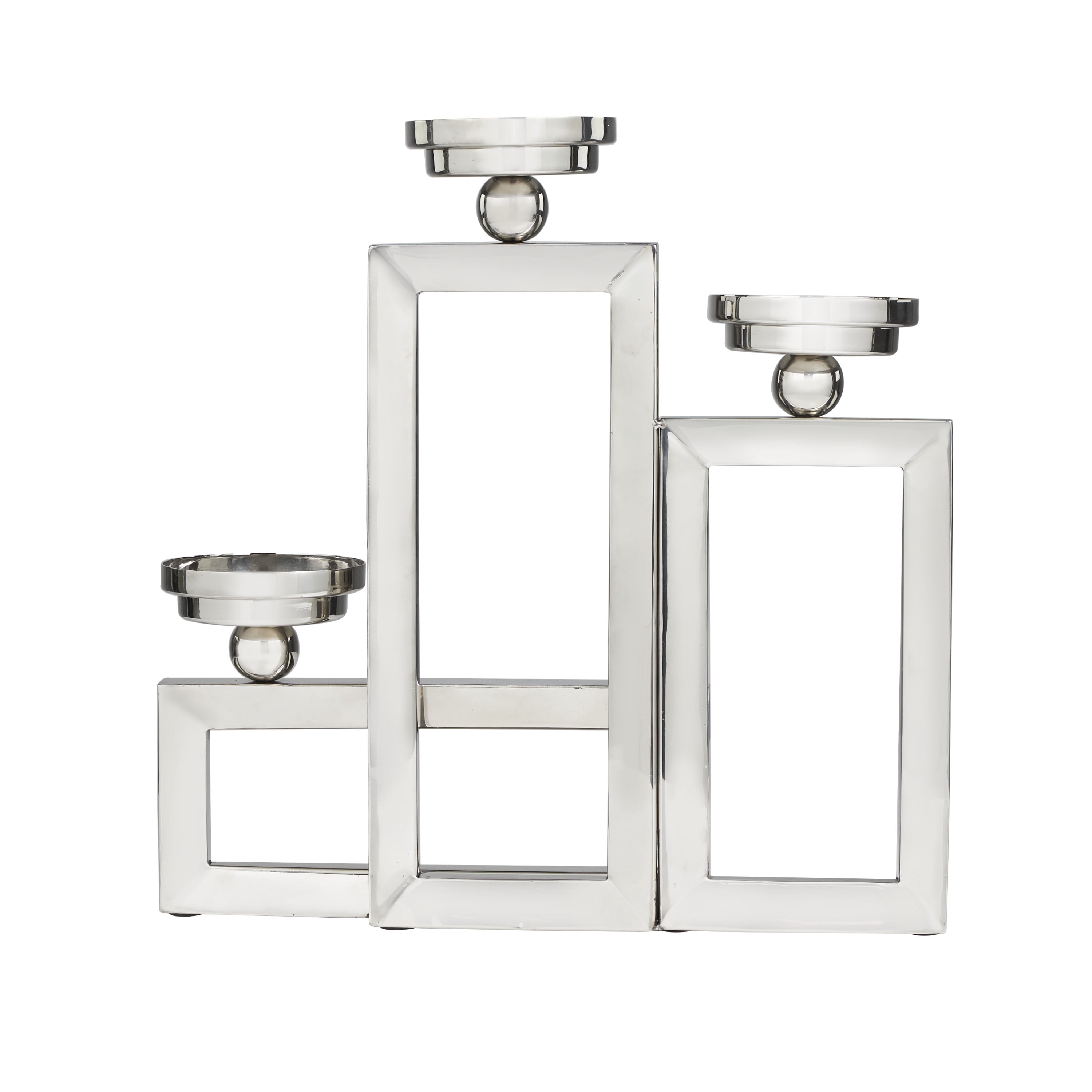DecMode 3 Holder Silver Stainless Steel Geometric Open Frame Candelabra with Various Rectangles