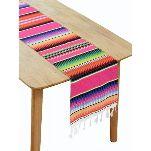 Caminos de mesa de manta de algodón con flecos tejidos a mano, camino de mesa de rayas mexicanas coloridas para decoraciones de fiesta mexicana, 14 pulgadas x 84 pulgadas