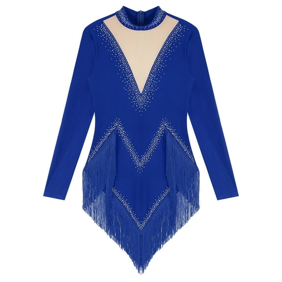 Linjinx Womens Tassel Latin Dance Dress Long Sleeve Leotard Salsa Jazz Tango Performance Bodysuit Blue L