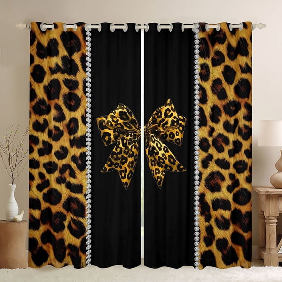 Feelyou Leopard Print Bowknot Black Out Curtains, Brown Cheetah Polkadots Curtains Pack of 2 (42x63 Each), Teens Kids Boys Girls Bedroom Curtains, Living Room Curtains Decor