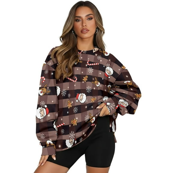SCRAWLGOD Christmas Day Crewneck Fall Sweatshirts for Women Trendy Women's Long Sleeve Pullover Tops with Pockets Fashion for Daily Wear, Office, Gingerbread Man Santa Claus Elk Plaid Brown, S