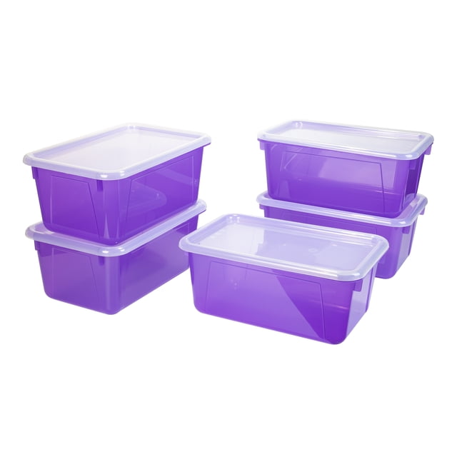Storex Petite Boîte de Rangement avec Couvercle, Violet Teinté, Lot de 5