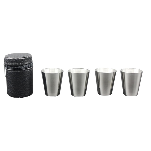 Bearachild 4 unids/set pulido 30ML Mini vaso de chupito de acero inoxidable copas de vino con funda de cuero bolsa hogar Bar cocina Barra de herramientas Bearachild JJ25276-00B