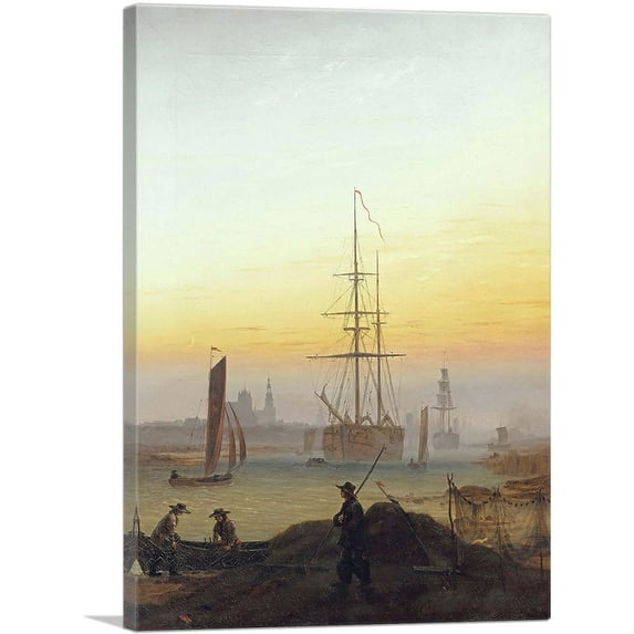 ARTCANVAS Ships in the Harbor of Greifswald 1820 Canvas Art Print by Caspar David Friedrich - Size: 12" x 8" (0.75" Deep)