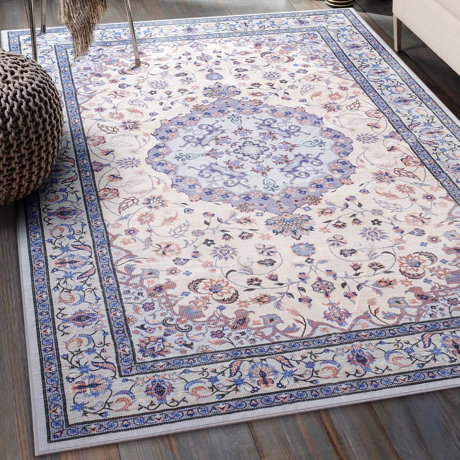 Jamfeel Area Rugs Vintage Floral Printed Washable Non-slip Carpets Foldable Thin Low Pile Rug for Living Room Bedroom 8'x10' Blue