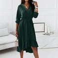 thumbnail image 4 of Fesfesfes Women Dress Spring And Fall V-Neck Solid Color Long-Sleeved Temperament Lace-Up Waist Slim Fit Ruffles Skirt Dress Tops on, 4 of 9