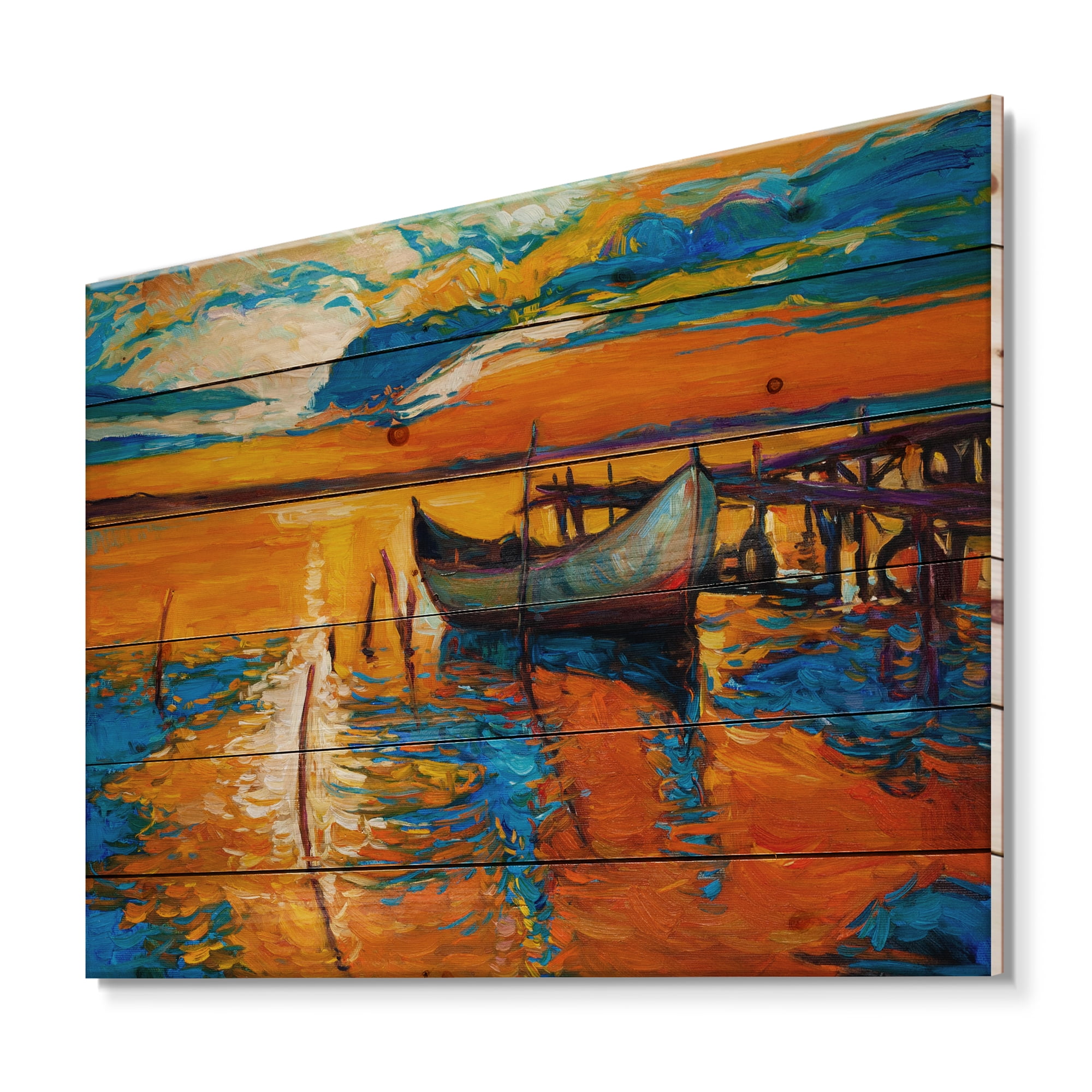 Designart 'Boat At The Lake During Evening Glow VII' Nautical & Coastal Print on Natural Pine Wood