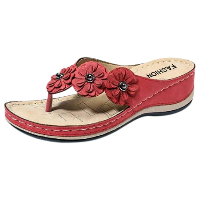 EINCcm Sandales pour Femmes, Sandales de Plage pour Femmes, Sandales Orthopédiques Extensibles à Enfiler, Sandales Croisées, Pantoufles Compensées Tissées pour la Plage, Chaussures, Rouge, 35