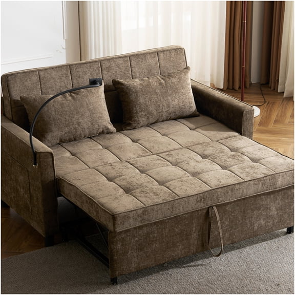Brown Chenille Convertible Sofa Bed with USB Charging, Pull-Out Sleeper, Reversible Backrest, and Storage Pockets for Living Room