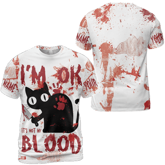 Lotusprinthandmade Personalized Horror Cat I am Ok It's Not My Blood Halloween Unisex T-shirt 3D S-5XL Multicolor (S)