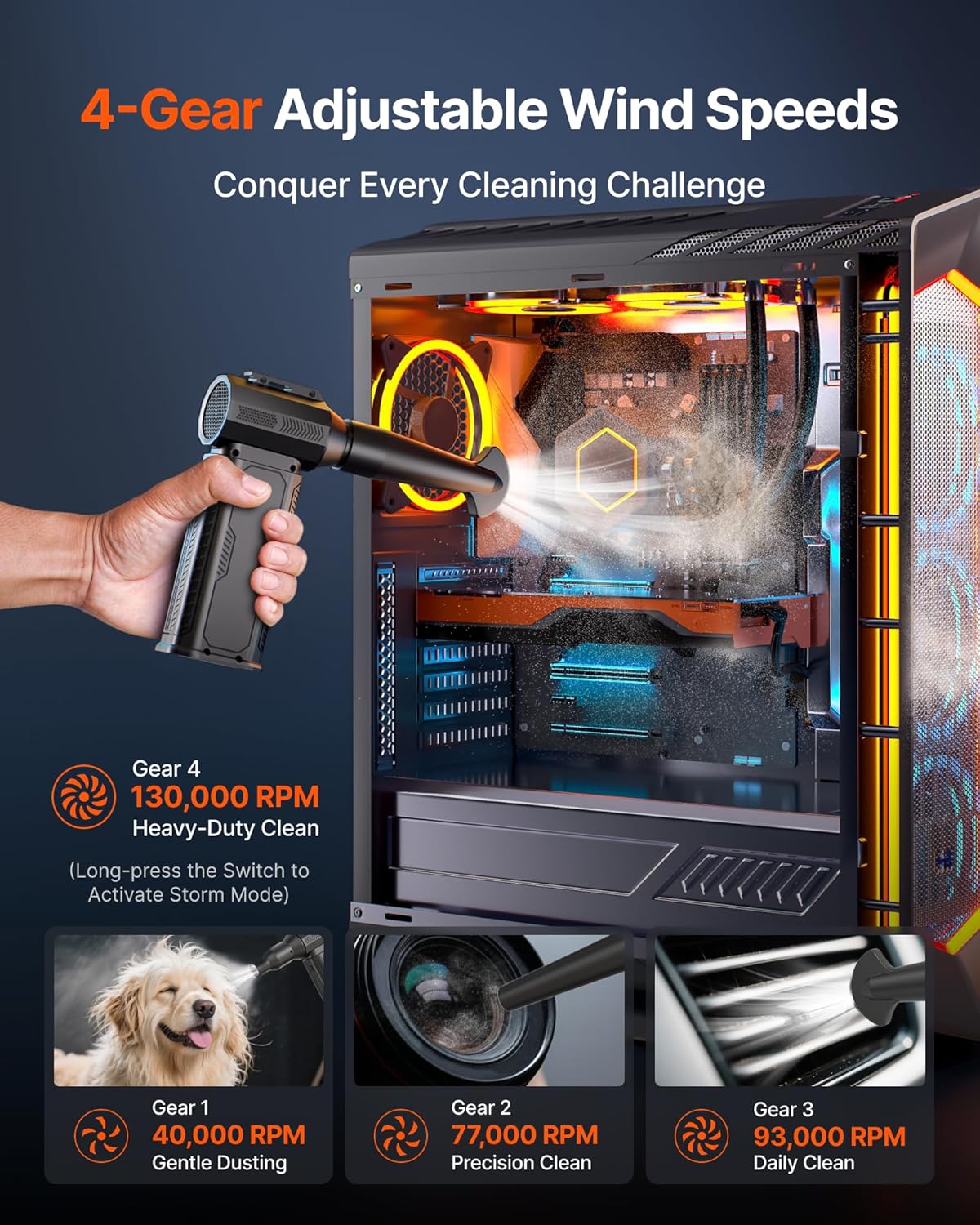 Cordless Electric Air Duster, 130,000RPM Ultra-Powerful with 8000mAh Battery, 4-Speed Adjustable Air Blower for Keyboard, Computer, Car and Home Cleaning