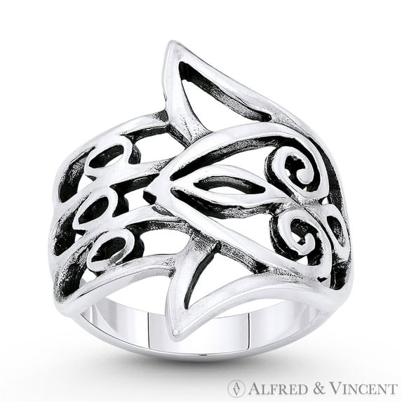 Hamsa Hand Evil Eye Luck Charm Wide Wrap Ring in Oxidized .925 Sterling Silver