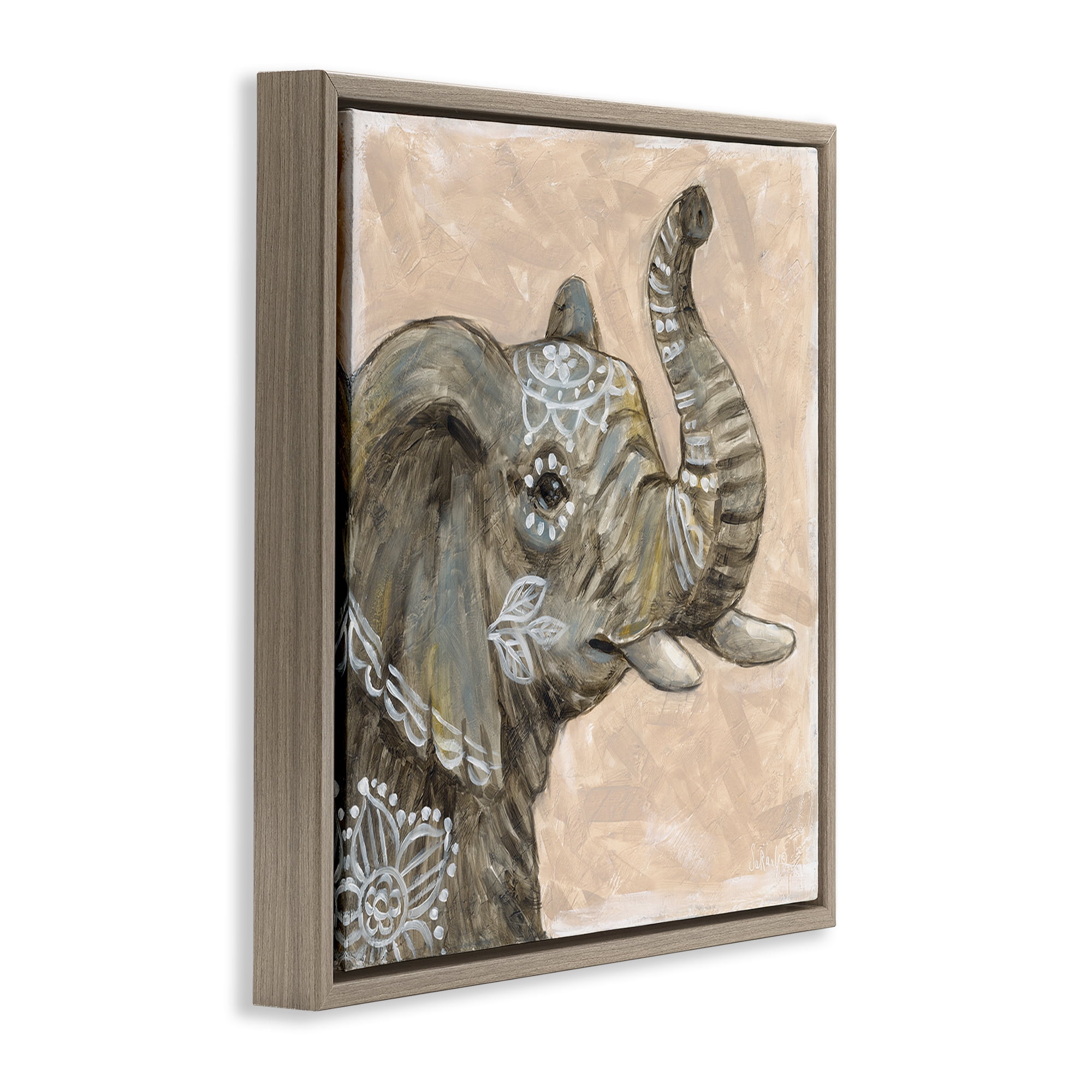Stupell Industries Boho Patterned Elephant Animals Painting Brown Floater Framed Canvas Art Print Wall Art, 18 x 18
