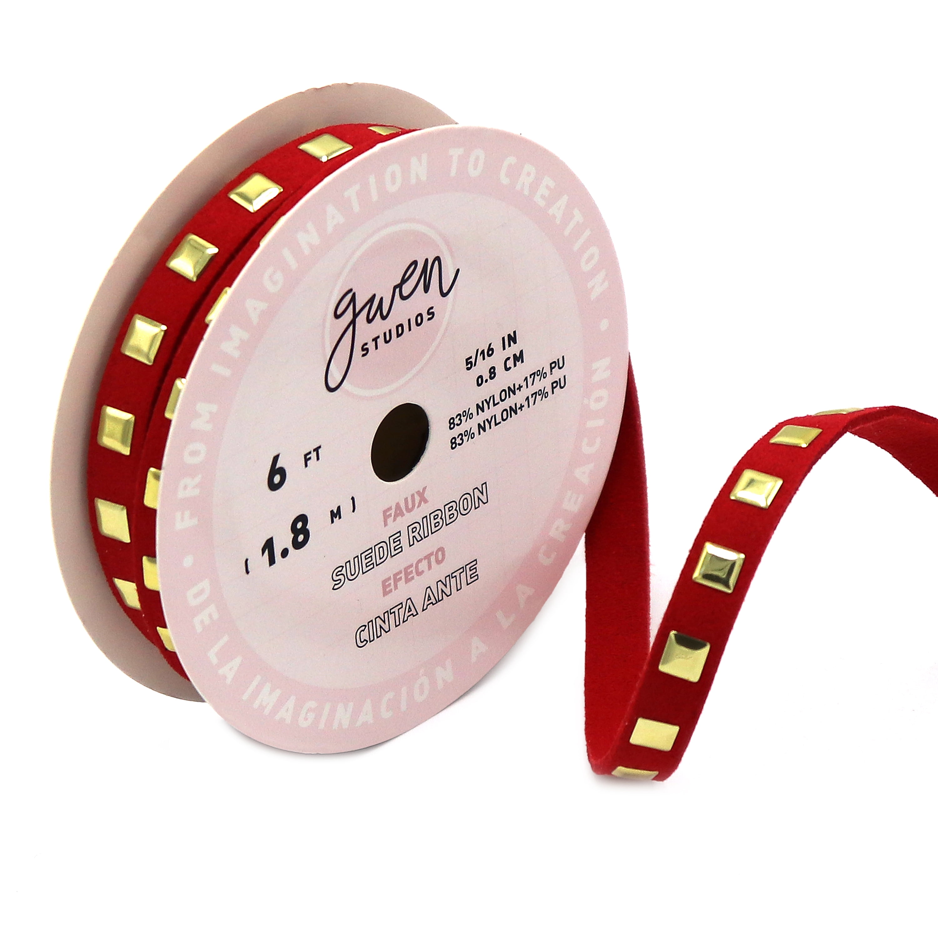 Gwen Studios 3/8" and 5/16" Red Studded Faux Leather Trim, 12 Yards