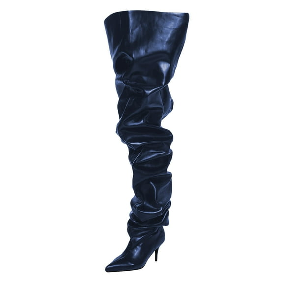 FSJ Women Comfortable Thigh High Boots Wrinkled Over the Knee Pull On Long Boot Pointed Closed Toe Stiletto High Heel Fashion Party Dress Shoes Size 8 Black