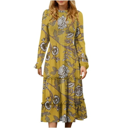 

QIPOPIQ Women Dresses Clearance Women s Autumn And Winter Solid Color Long Sleeve Round-neck Smocked Boho Dress A-Line Ruffle Frill Tiered Swing Midi Dress