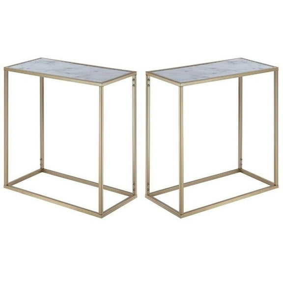 Home Square Faux Marble Chairside Table in Gold Metal Frame - Set of 2