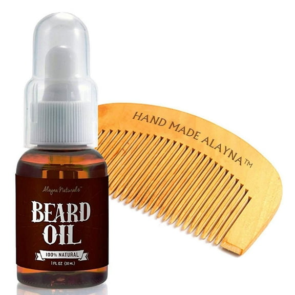 Beard Oil and Wooden Comb Grooming Kit for Men to Brush and Straighten Perfect for Beards & Mustache, Mens Straightener Care Set, 100% Natural Conditioner, Balm, Softener