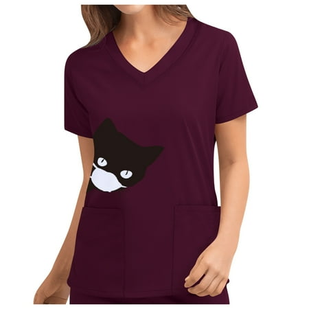 

Scrub Tops for Women Cute Cat Pattern Print Short Sleeve V Neck Breathable Comfort Work Nurse Uniform Scrubs