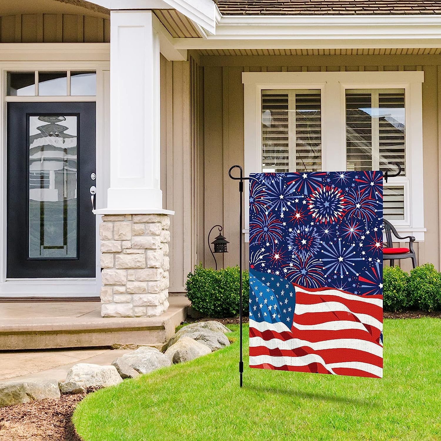 4th of July Garden Flag Patriotic American Flag Fireworks Yard Flags Double-Sided Red Blue White Holiday Outdoor Decor for Independence Day Lawn Patio Decoration, 12.5 x 18 Inch