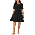 thumbnail image 2 of INSPIRE CHIC Women's Summer Square Neck Puff Short Sleeve Smocked Back Ruffle A-Line Casual Dress L Black, 2 of 5