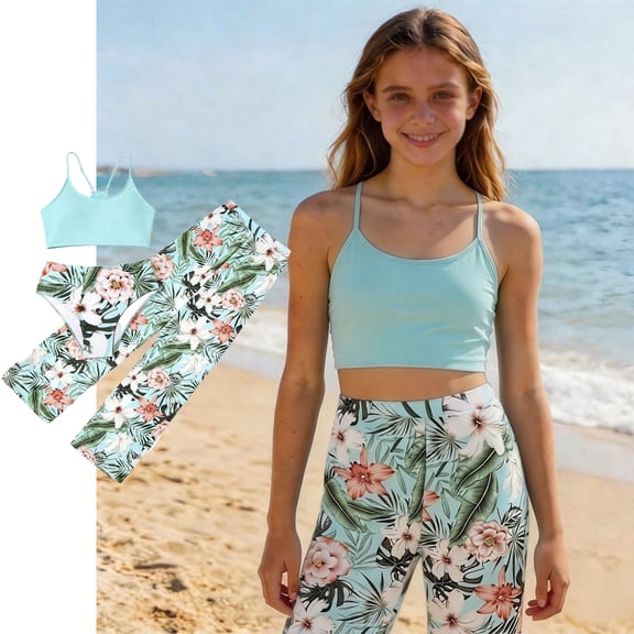 Kids Swimsuit 3 Piece Bathing Suit with Pants Cove Up Sets Toddler Girl Summer Swimwear Toddler Girl Bathing Suit for Teens 8-9 Years