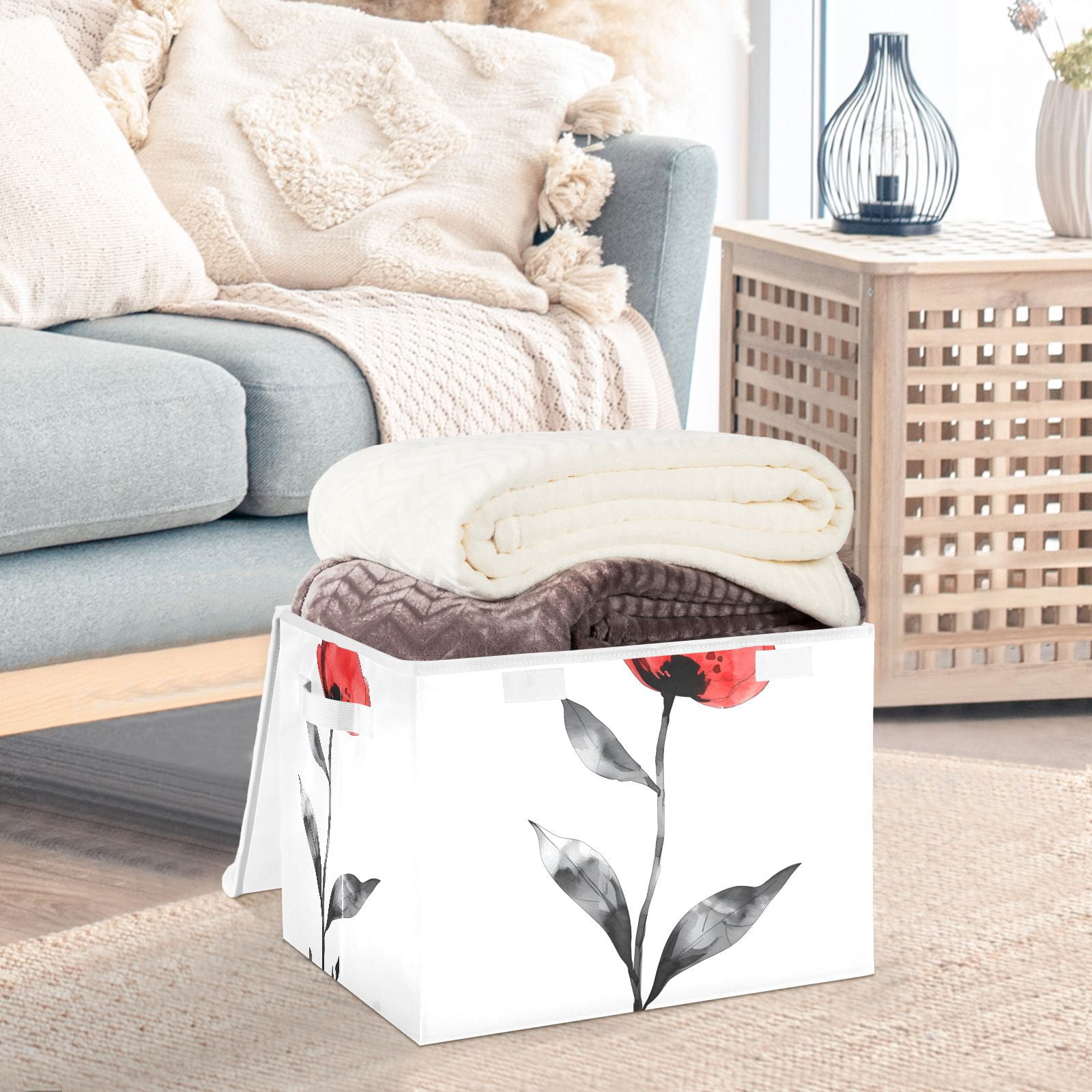 Red Flower Black Leaves Storage Basket for Shelves Foldable Container Organizer for Organizing Toys Clothes Books with Handles