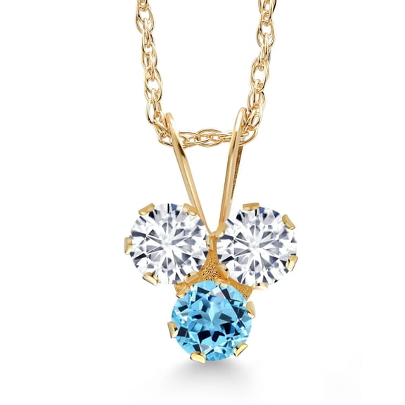 Gem Stone King 14K Yellow Gold White Lab Grown Diamond and Swiss Blue Topaz 3-Stone Pendant Necklace for Women (0.35 Cttw, Gemstone April Birthstone, Round 3MM, 18 inch Chain)